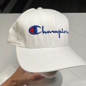 Champion Snapback Hat Mens White Script Logo Green Underbrim Made in USA